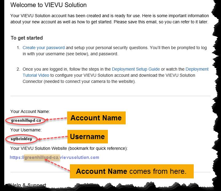 LOGGING IN Getting Started ACCOUNT INFORMATION TO SET UP YOUR ACCOUNT INFORMATION: When the VIEVU Solution App is launched for the first time, you are prompted to input your Username, Password, and