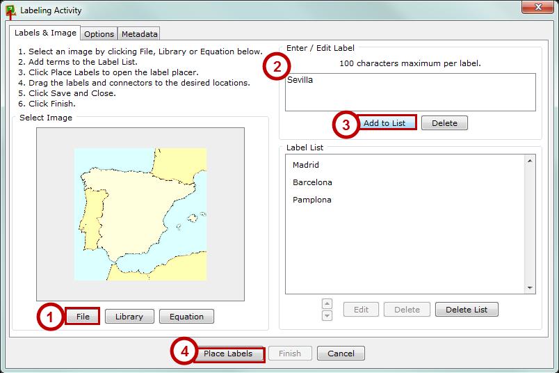 6. Notice the instructions that generally appear in the top-left area of the Setup window. Figure 8. Labels & Image tab for Labeling Activity. 7.