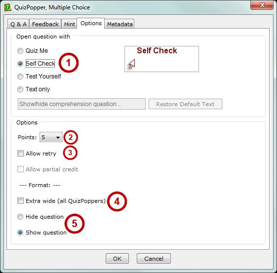 13. On the Options tab, you can set the following options for your student (Figure 13): Figure 13. Options for a multiple choice QuizPopper. 1. Icon text: Choose one of the options or enter custom text in Text only.