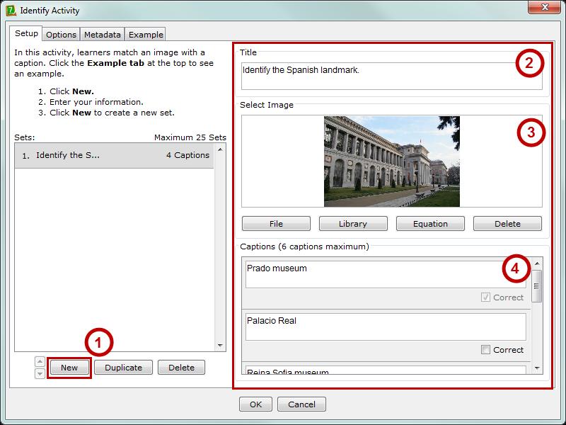 Figure 5. Creating an Identify activity. 9. For this example, the Identify Activity, we will click the New button to create a new set (Figure 5, step 1). 10.