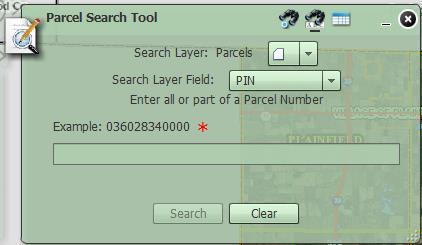Parcel Search Tool Select by typing in a search This is the default tool used to search parcel data Selecting the Parcel Search tool will pop up a window that will start by asking the user to enter a