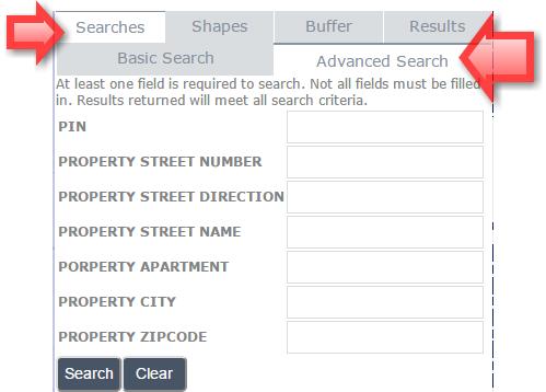 B. Advanced Search tab - Find a parcel by PIN or more detailed property address information. Note: A full address is not needed for the parcel search tool.