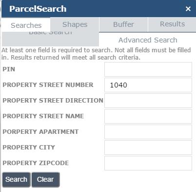 above) I typed in Property Street Number of 1040 and clicked on the Search button. Any address found starting with 1040 will be displayed in the same pop up window Results tab (See Image B.