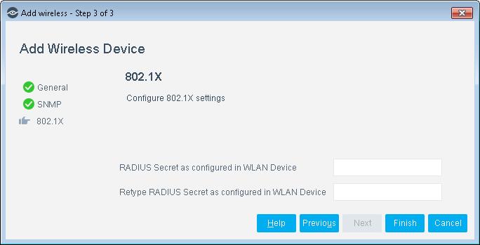 2. Select Finish. The Wireless Pane re-displays containing the configured entry, either managed WLAN device or IP address range entry.