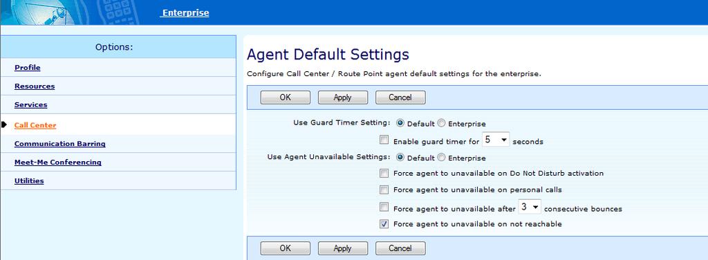 From the Options menu, select Call Center 3. Click Agent Default Settings 4. Select the following options if required.