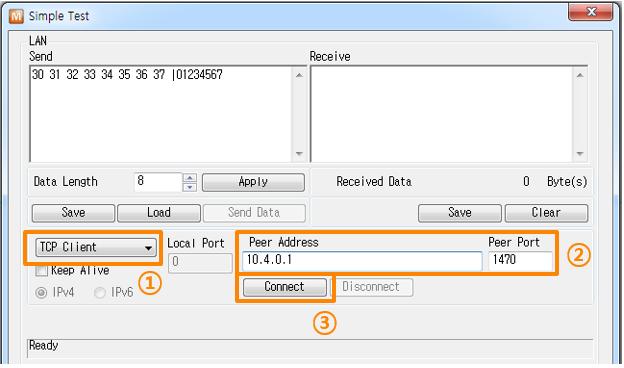6.4 Simple Test Connecting to the product via LAN Figure 6-4 settings for TCP connection 1 Select [TCP Client] 2 Input a