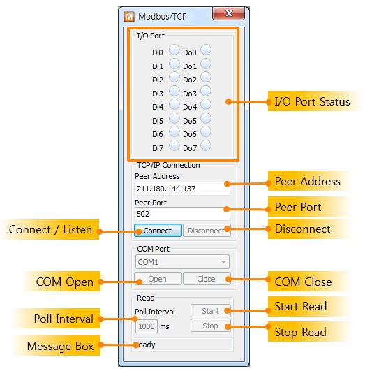 7 Modbus/TCP Test Program 7.1 About the Program Check the [Advanced Menu] checkbox and click the [Modbus/TCP] button, then a program for testing Modbus/TCP is created on the right side.