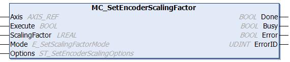 Organization blocks 5.5.5 MC_SetEncoderScalingFactor MC_SetEncoderScalingFactor changes the scaling factor for the active encoder of an axis, either at standstill or in motion.