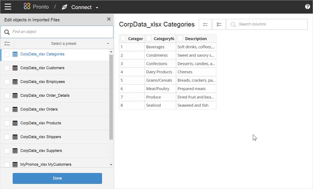 Connect and Extract Tables from Spreadsheets On the Connect page, either drag-and-drop or use the Browse Files button to upload both the CorpData and MyPromos spreadsheets.