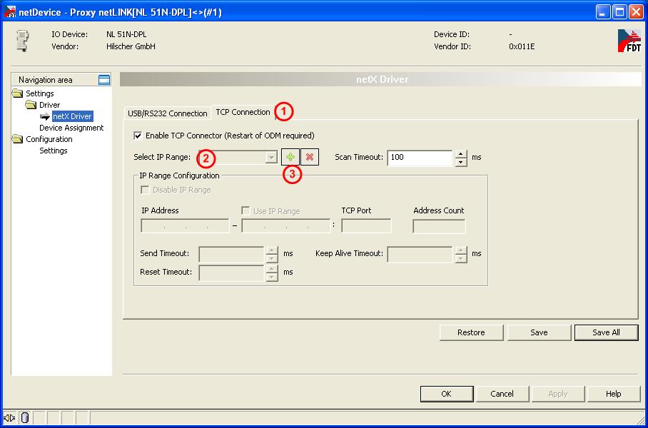 Configuration Sequence for Gateway and Proxy 80/268 5. Set the IP search range Select in the navigation area Settings > Driver > netx Driver. The window for driver settings opens.