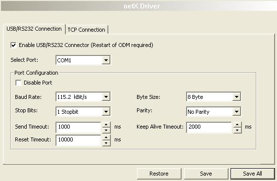 Settings 90/268 Driver Parameters for netx Driver - USB/RS232 Connection The settings of the driver parameters for the USB/RS232 connection are made via the netx Driver / USB/RS232 Connection
