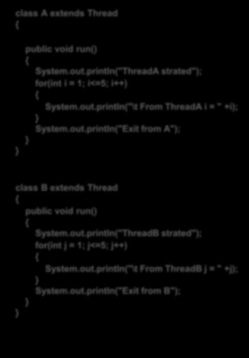 class A extends Thread public void run() System.out.println("ThreadA strated"); for(int i = 1; i<=5; i++) System.out.println("\t From ThreadA i = " +i); System.out.println("Exit from A"); public class Thread_Priority public static void main(string[] args) A threada = new A(); B threadb = new B(); threada.