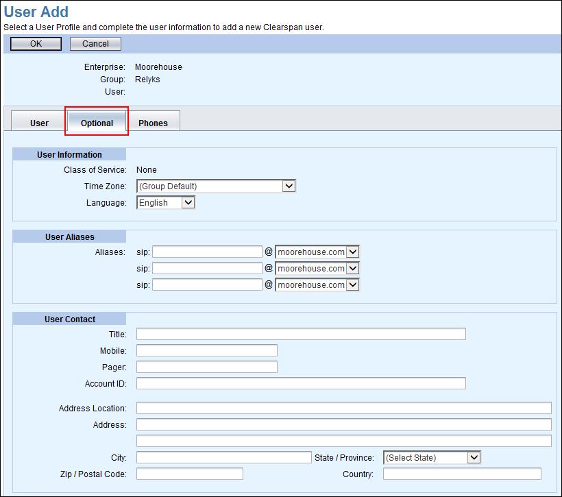 Optional Tab Click on the Optional tab of the User Add page to view or change optional values such as Contact Information, Time Zone, Language information, and Aliases used to place and receive calls.