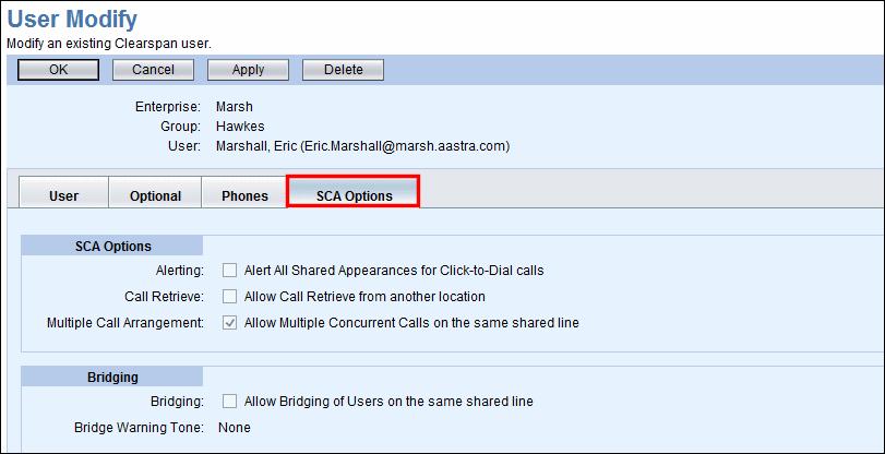 SCA Options Tab Shared Call Appearances are created by advanced administrators. When you click on the SCA Options button, the SCA-related settings appear, but they are not modifiable.