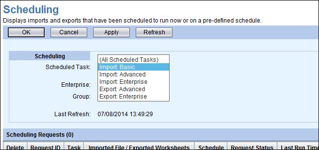 VIEWING SCHEDULED IMPORTS The Scheduling page displays imports and exports that have been scheduled to run now or on a pre-defined schedule.