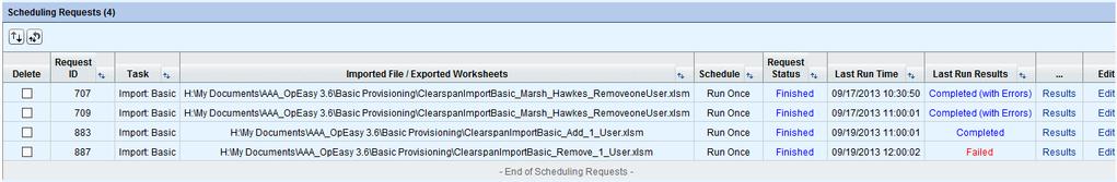 The following example illustrates a worksheet that failed when it was processed. Figure 38 Worksheet Run Failed 3. Click Refresh to bring the screen up to date. 4.