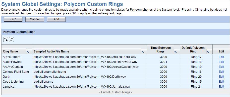 Figure 86 Custom Rings for Polycom Phones To define a custom ring, enter the following in the fields for the new custom ring: Field Ring Name Audio File Name Time Between Rings Default Polycom Ring