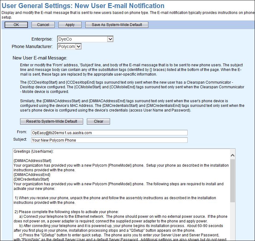 Figure 95 User General Settings E-mail Notification for Polycom Phones 2014
