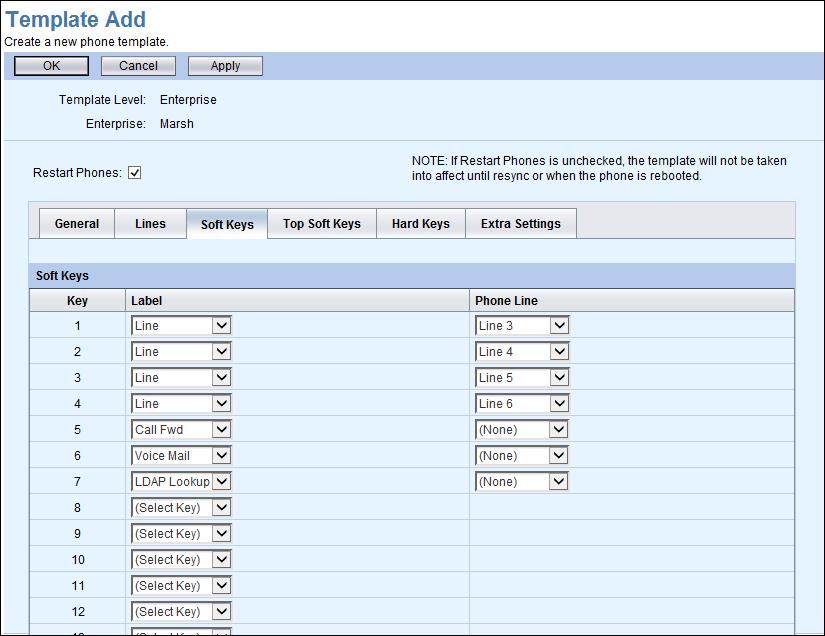 Figure 10 Template Add Soft Keys Tab 2) Select a feature or line from the Label drop-down list for Key 1. This drop-down list of features comes from the list of Key Definitions.