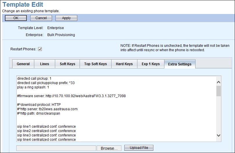 Figure 12 Template Extra Settings Tab 2) Click Browse to choose a configuration settings file that was previously created, if necessary, and use the Upload File button to get the file.