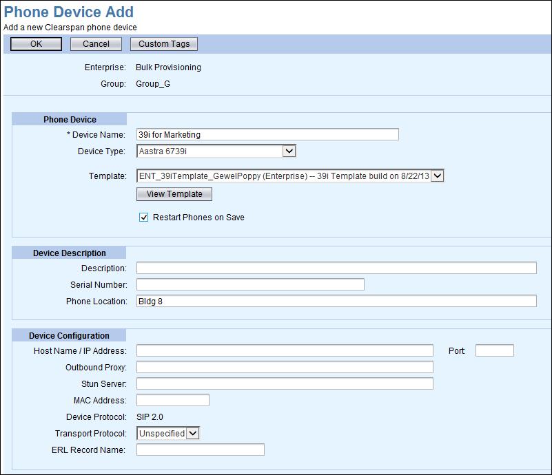 Figure 20 Phone Device Add Page 6) Enter the Device Name. 7) Select the Device Type from the drop-down list. 8) Select the Template from the drop-down list.