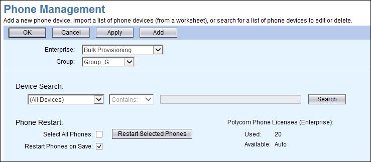 Figure 22 Phone Management Page 3) Select the Enterprise from the Enterprise drop-down list. 4) Select the Group from the Group drop-down list.