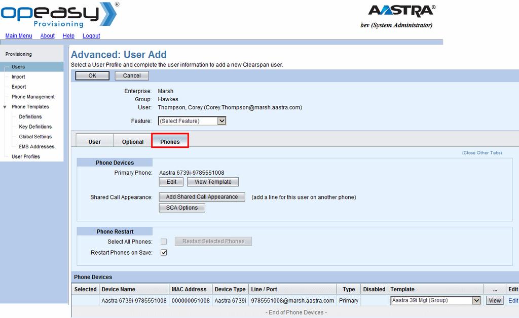 Figure 30 Advanced: User Add Phones Tab When no User Profile is selected, the User Add Phones tab provides the options to Add Primary Phone or Assign Primary Trunk as shown in the following figure.