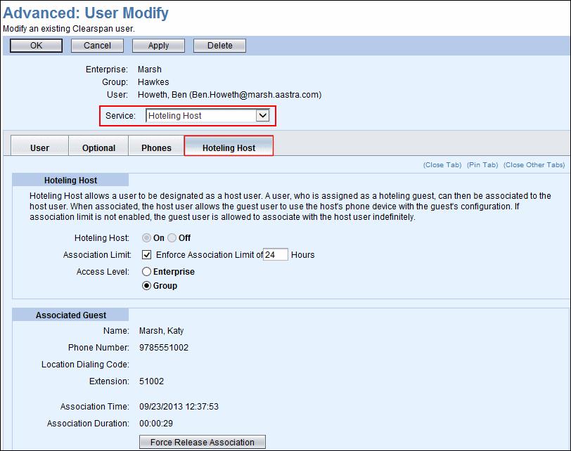 Figure 44 Advanced: User Modify Hoteling Host Tab 5.3.7 Release the Hoteling Association 1) From the main menu, select Provisioning and then Users. The Users page displays.