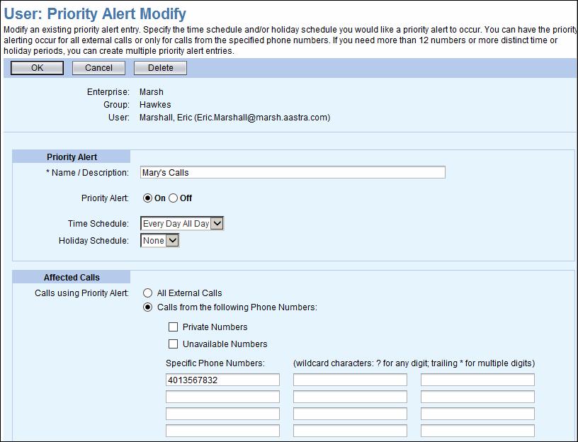 5.3.9 Privacy Figure 46 Priority Alert Setup Page 8) Enter a Name/Description for the alert. 9) Click On for Priority Alert.