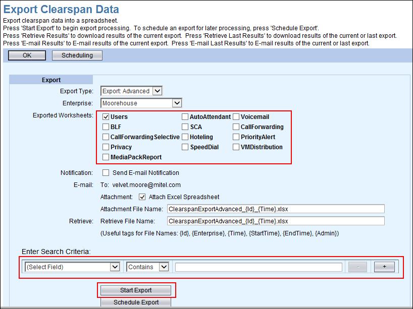 8 Export The Export function allows you to obtain information on users and features from the Clearspan system database. The information is presented in Excel spreadsheets created by the system.