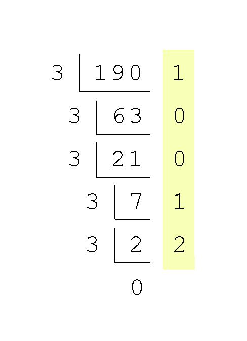 Converting: repeated division Converting 190 to base 3.