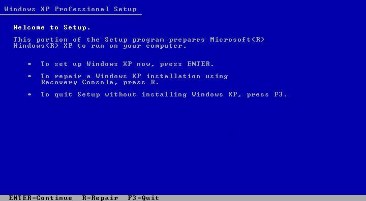 Insert your Windows XP Professional Setup CD. 1) Welcome to Setup: The Welcome to Setup screen appears (Figure 1).