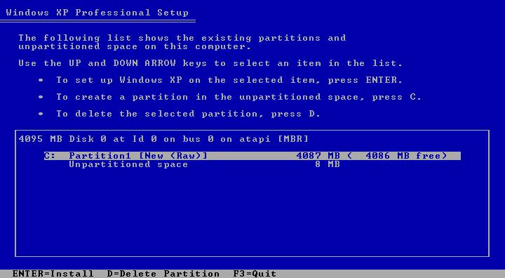 4) Install the partition Choose Drive C : or partition 1 to install the operating system
