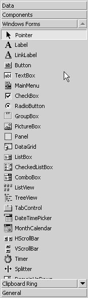 There are many more controls in this tool box than will be used in this textbook and they are divided into groups Data, Component, Windows Forms, Clipboard Ring, and General, In this introductory