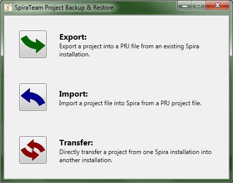 8 Prject Backup and Migratin This applicatin allws an entire prject t be exprted t a backup file, fr archiving and ffline strage f SpiraTeam prjects. The base minimum SpiraTeam versin required is 3.
