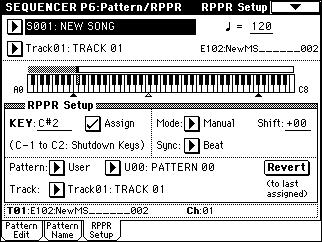 P0: Play/REC page Song: 001, Meter: 4/4, Tempo: 120, RPPR: On P0: Play/REC, Program T01-08 page Track01 Program: E102 P6: Pattern/RPPR, RPPR Setup page Key: C#2, Assign: On, Pattern: User, U00,