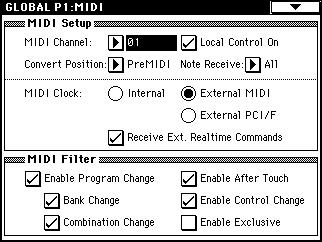 Global mode GLOBAL P1: MIDI A Receive Ext.