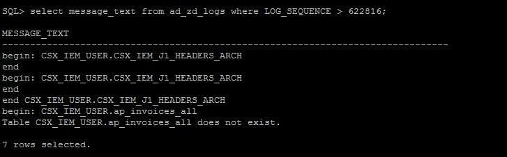 AD_ZD_LOGS Table Key ADOP table which contains all the log information Owned by APPLSYS Schema First place to