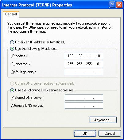In this Windows XP example the following settings are made: Parameter Setting IP address 192.168.1.10 Subnet mask 255.