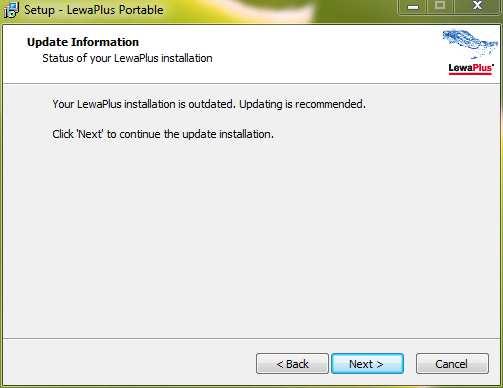 You must select the parent folder of your existing installation, if you used the default installation folder name LewaPlus-Portable: You may have to remove the automatically appended folder name