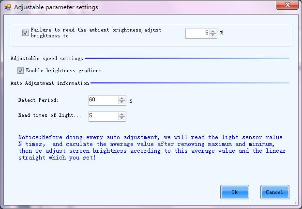Fig. 5-56 The Adjustable parameter setting window Set the values for Detect Period and Read times of light sensors.