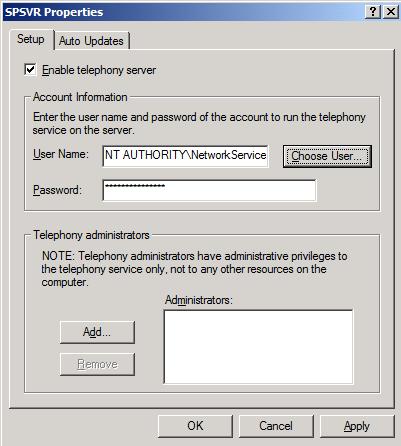 In the Telephony Properties, tick the box which says 'Enable Telephony Server.' Below in the user name field, click the choose user button.