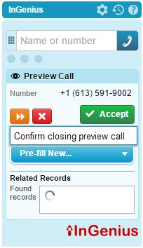 When a preview call is pushed to an agent, InGenius Connector Enterprise will pop the Salesforce record that matches the phone number.