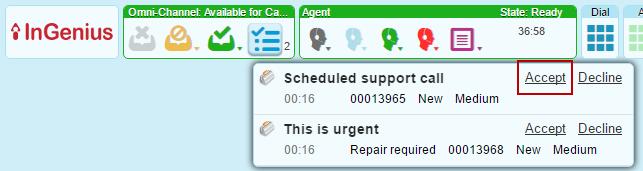 This improvement decreases clicks, and increases call productivity by ensuring the agent is set automatically to an available state. Manage Agent Work InGenius 4.