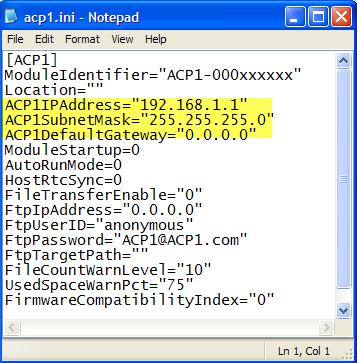 f. Open acp1.ini file with a text editor such as Notepad and modify highlighted fields to match your network settings. All other items can be configured via the Web Server (see Section 0). g.