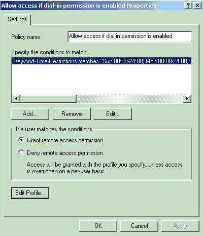11. Choose Grant remote access permission and click Edit Profile in order to configure dial in properties. 12. Select the protocol to use for authentication on the Authentication tab.