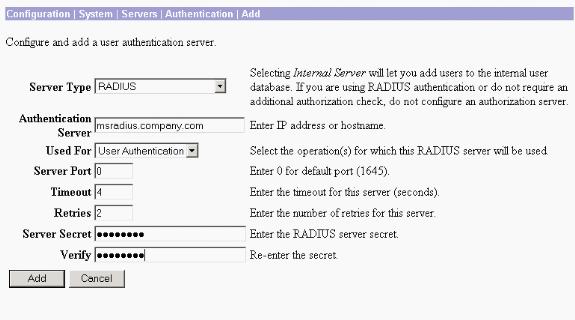 Authentication Server = IP Address or Hostname of your RADIUS server (IAS) Server Port = 0 (0=default=1645) Server Secret = same as in step 8 in the section on Configure the RADIUS Server 3.