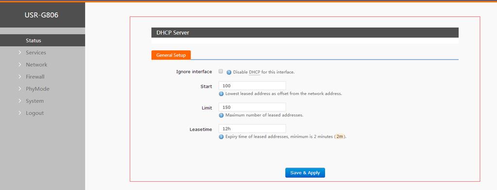 After you enter Web Server LAN interface, you can find DHCP Server on Web Server as follow: Figure 22 DHCP function 2.4.3.