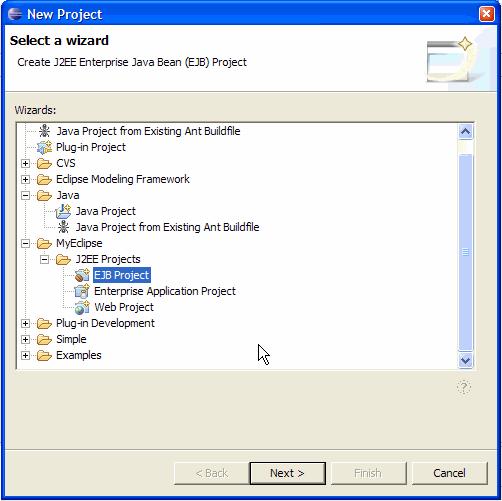 Figure 2. Opening EJB Project wizard 4. Enter firstejb into the Project Name field 5. Select J2EE 1.3 option for Specification Level.