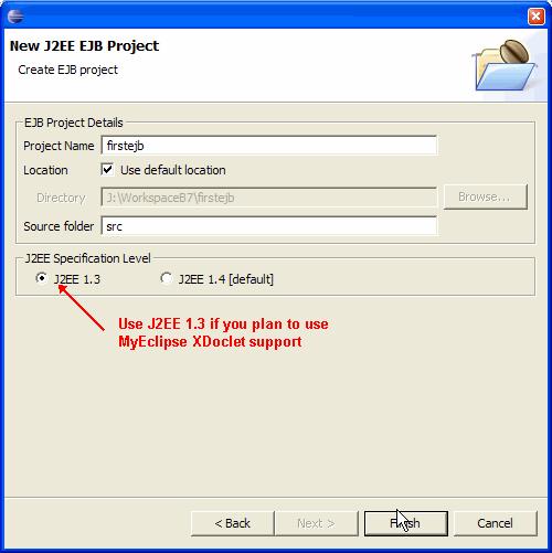 Table- 1 describes each of the fields for the New J2EE EJB Project wizard shown in Figure 3. Figure 3. New EJB Project creation details Table 1.